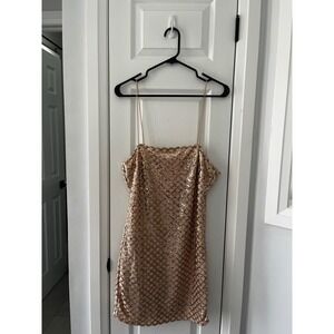 PrettyLittleThing Rose Gold Sequin Grid Mini Dress Spaghetti Strap Party US 10